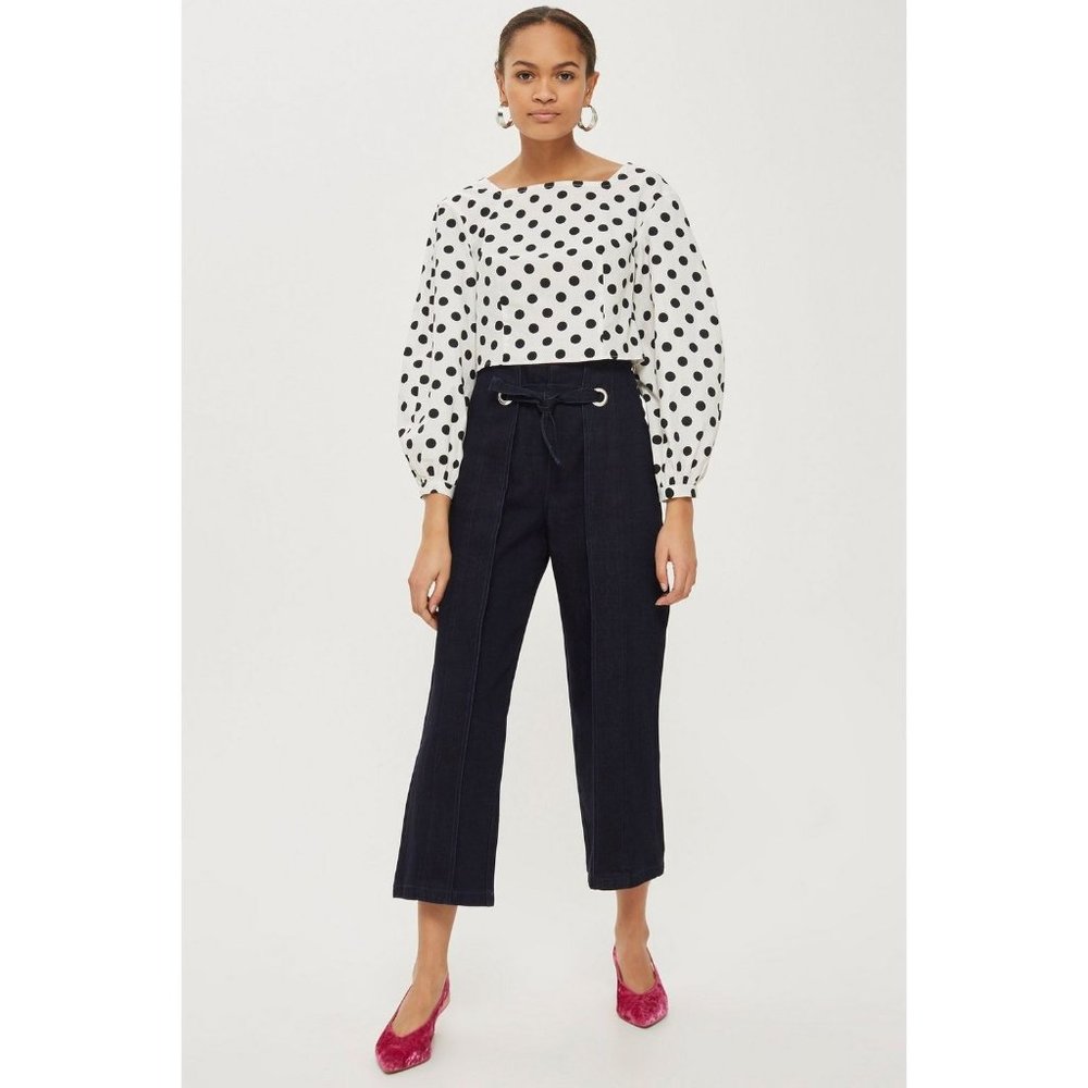 🆕TOPSHOP High Waist Tie Wide Leg Crop Jeans Dark Blue Size 28